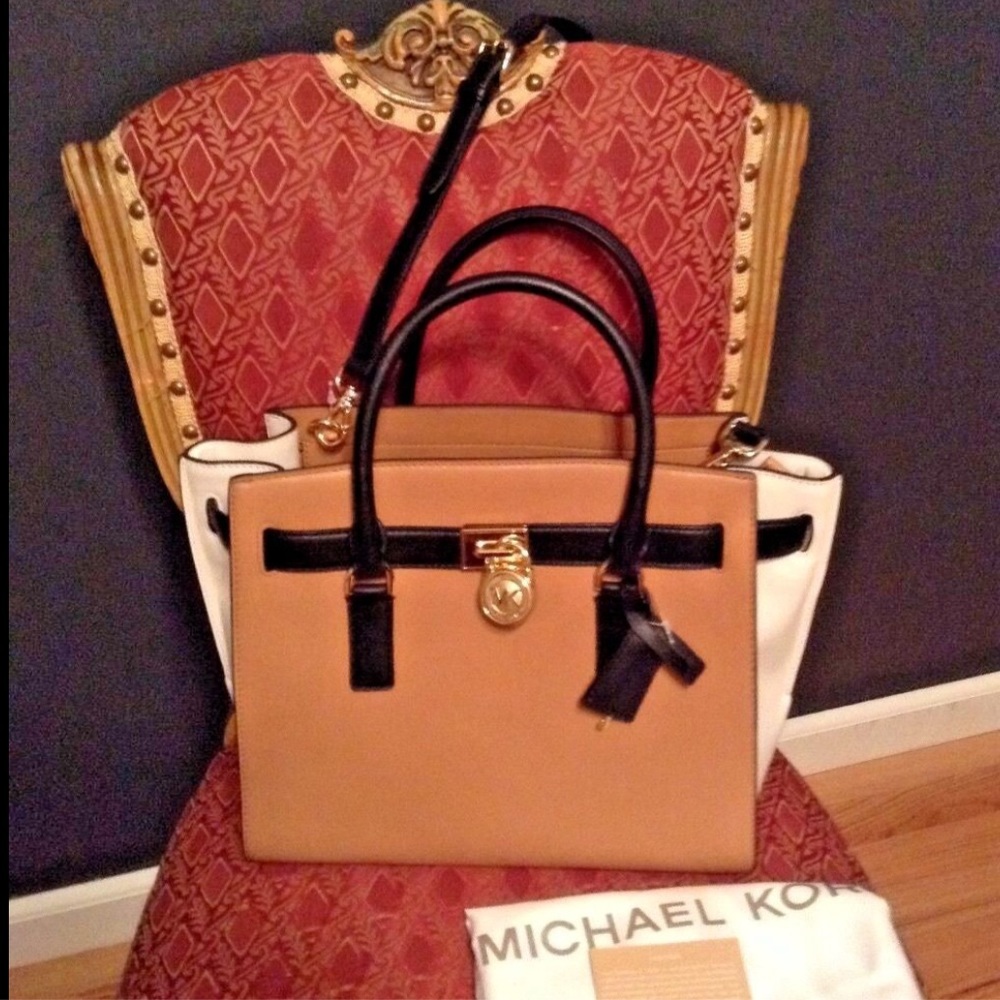 Michael Kors Hamilton Satchel Handbag Shoulder Bag Tri-Color Tan/White/Black
